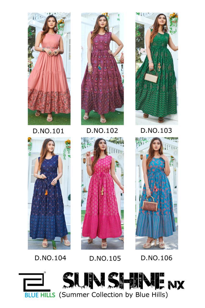 Blue Hills Sun Shine Nx Ltaets Fancy Designer Ethnic Wear Flair Rayon Heavy Kurti Collection
